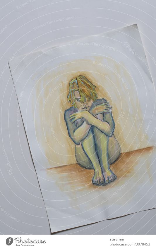 nur abgepaust (4) .. mit farbe Zeichnung gezeichnet zeichnen malen abgezeichnet Kunst Künstler durchscheinend durchsichtig Frau sitzen Papier