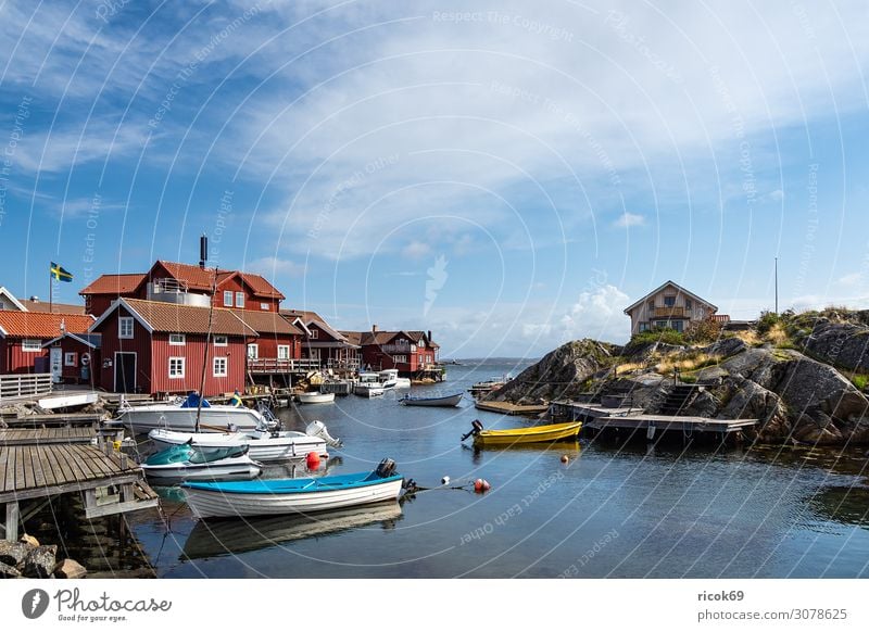 Blick auf die Insel Käringön in Schweden Erholung Ferien & Urlaub & Reisen Tourismus Sommer Meer Haus Natur Landschaft Wasser Wolken Felsen Küste Nordsee Dorf