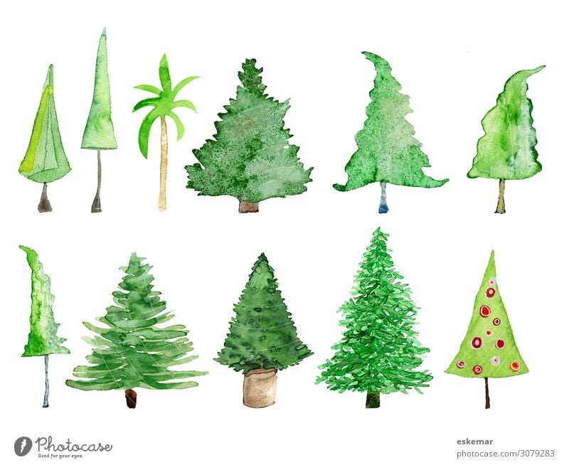 Bäume und Weihnachtsbäume, Aquarell auf Papier Weihnachten & Advent Weihnachtsbaum Christbaum Kunst Gemälde Wasserfarbe Zeichnung gezeichnet Malerei gemalt