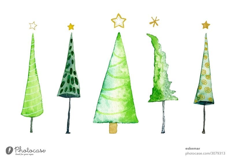 Weihnachtsbäume, Aquarell auf Papier Weihnachten & Advent Weihnachtsbaum Kunst Kunstwerk Gemälde Wasserfarbe gemalt Baum Stern (Symbol) ästhetisch schön viele