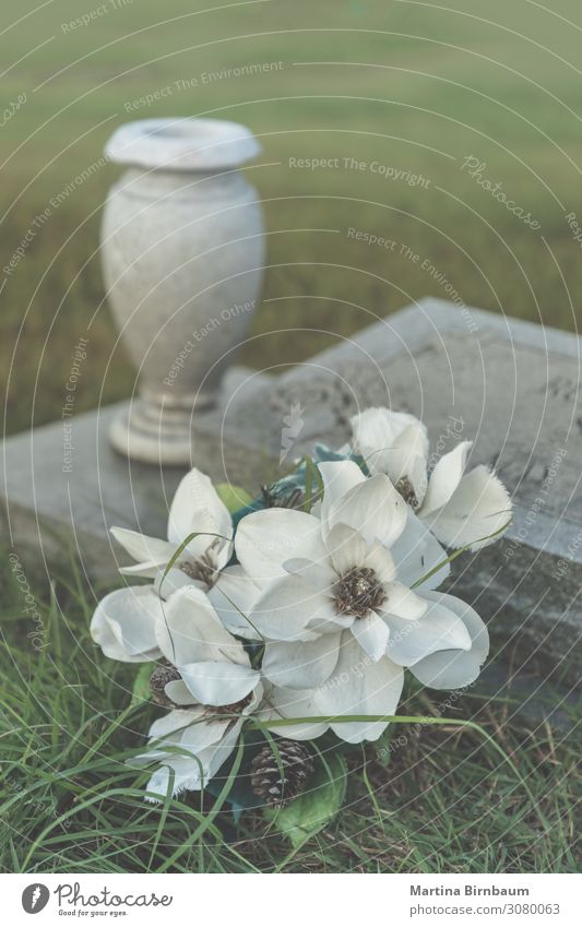 Allerheiligen - künstliche Blumen auf einem alten Grab Dekoration & Verzierung Halloween Herbst Denkmal Stein dunkel grün Trauer Tod Frieden Religion & Glaube