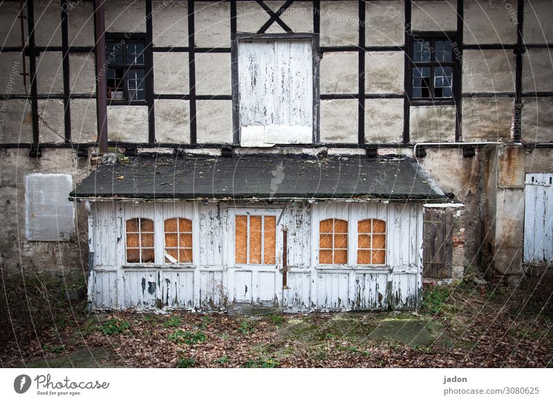 vorbau. Stil Wohnung Traumhaus Renovieren Baustelle Haus Hütte Ruine Bauwerk Gebäude Architektur Mauer Wand Fassade Fenster Tür Ornament alt gruselig trashig