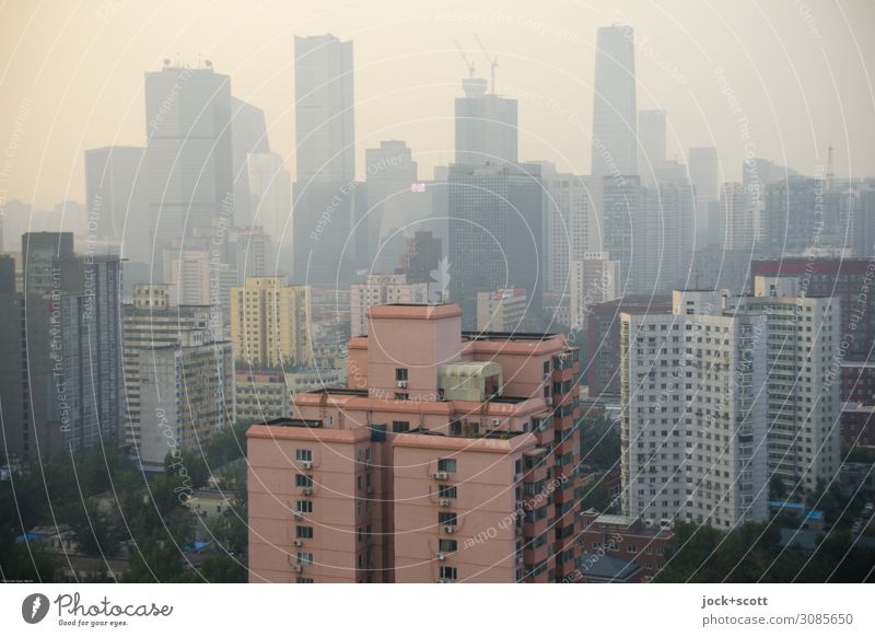 Trübe Aussicht Himmel Peking Hauptstadt Stadtzentrum Skyline Hochhaus Bankgebäude Bürogebäude Fassade authentisch modern Stimmung Smog Feinstaub