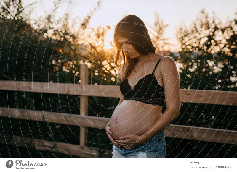 Schwangerschaft Mensch feminin Junge Frau Jugendliche Erwachsene Mutter 1 18-30 Jahre schwanger Farbfoto mehrfarbig Außenaufnahme Abend Sonnenstrahlen
