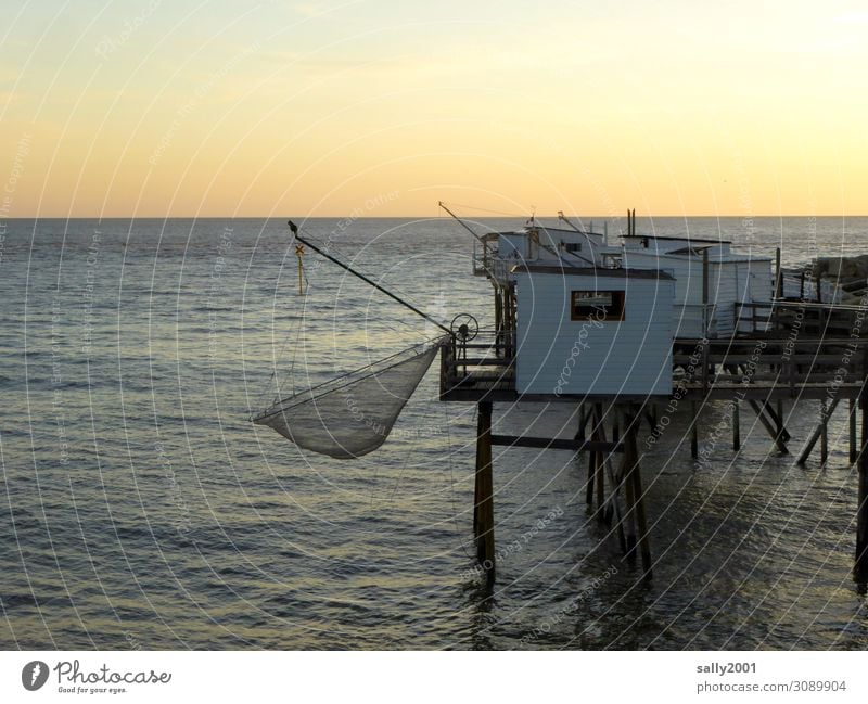 Abendstimmung an den Fischerhütten Stelzen Pfahlbauten fischen Meer Küste Fischernetz klein Sonnenuntergang Sonnenaufgang Horizont Fischereiwirtschaft