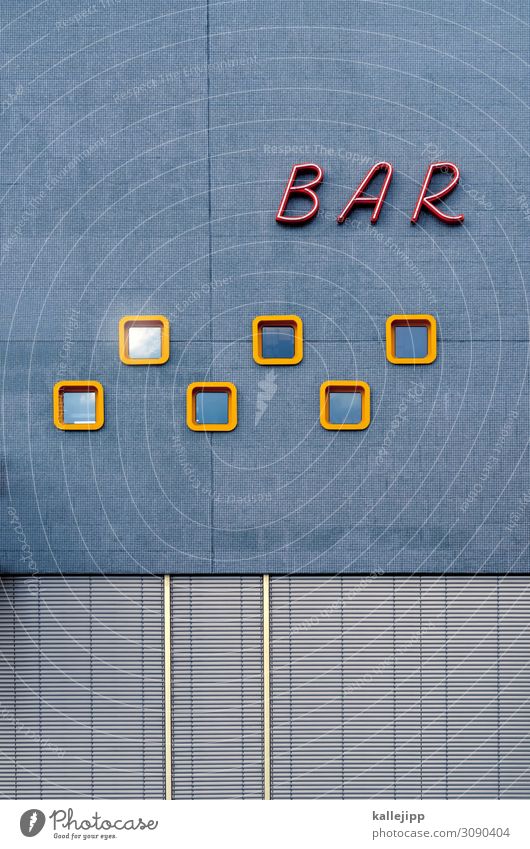 an der bar, an der bar, ja was machen die da? Zeichen Schriftzeichen Ziffern & Zahlen Schilder & Markierungen gelb Bar Lokal Fenster Architektur Fünfziger Jahre