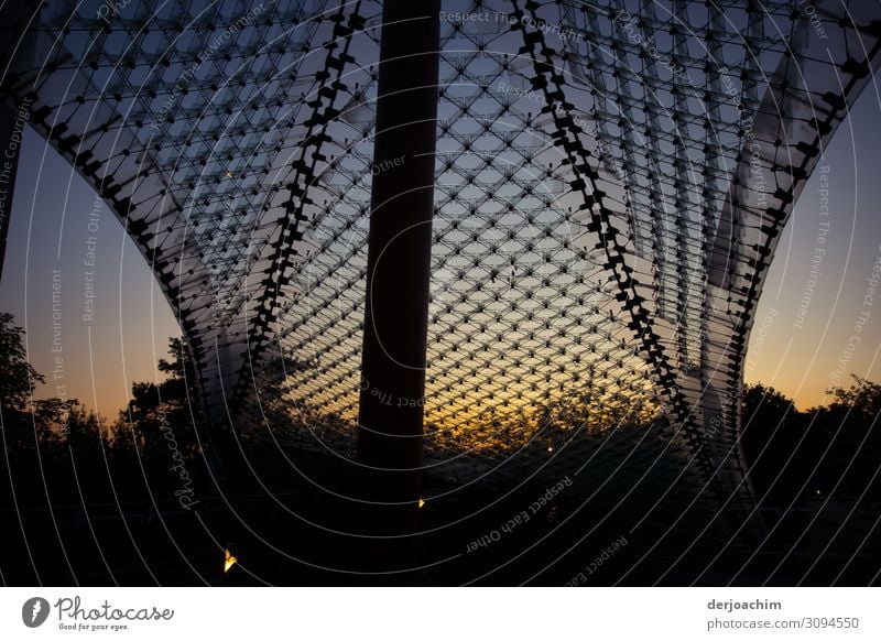 Dämmerung setzt ein am Campus in Bad Neustadt an der Saale. Ein Großes Netz mit einem Pfeiler , im Hintergrund Büsche. elegant Design Umwelt Natur Sonnenaufgang