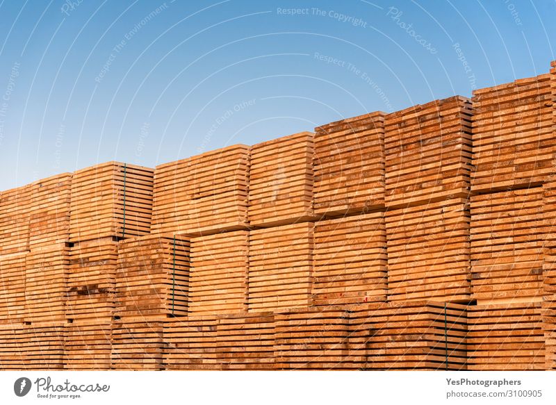 Unter dem blauen Himmel stapeln sich Holzbohlen. Außenholzvorrat Fabrik Wirtschaft Business Säge Umwelt Baum Zerstörung alternativ Blauer Himmel Schreinerei