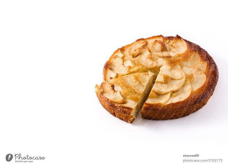 Hausgemachte Apfelkuchen auf weißem Hintergrund. Pasteten Dessert Backwaren Scheibe Frucht Lebensmittel Gesunde Ernährung Foodfotografie Herbst Teigwaren Torte