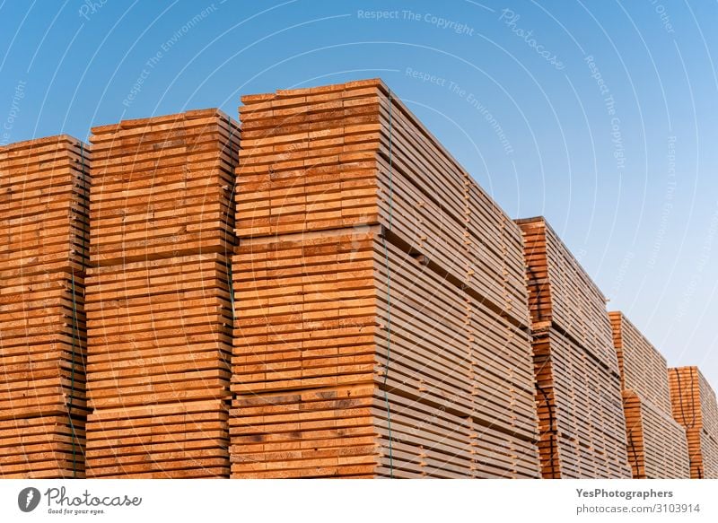Holzbretter stapeln sich im Freien. Holzindustrie. Holzvorrat Fabrik Wirtschaft Business Säge Umwelt Baum Zerstörung alternativ Blauer Himmel Zimmerer