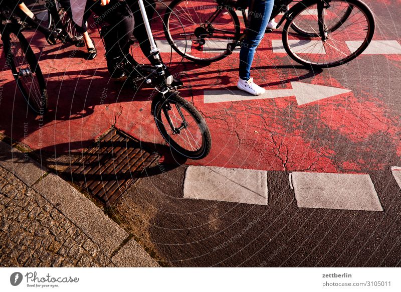 Fahrradweg Fahrradfahren Straßenkreuzung Wegkreuzung abbiegen Verkehr Straßenverkehr Pfeil Orientierung warten stehen Regel Verkehrsregel