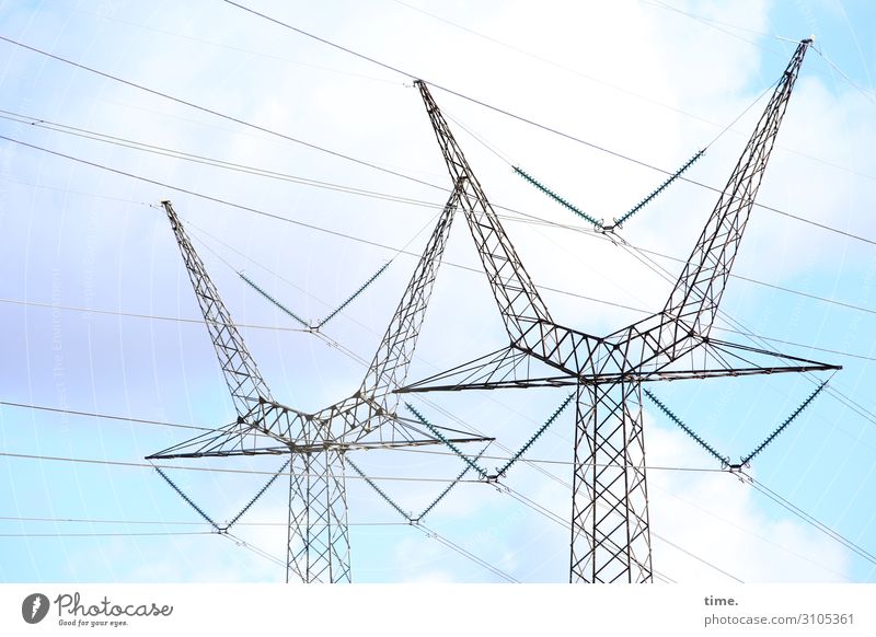 Seilschaften (V) Technik & Technologie Energiewirtschaft Strommast Leitung Hochspannungsleitung Himmel Wolken Schönes Wetter Linie Zusammensein Ausdauer