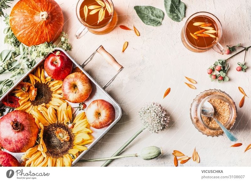 Sonnenblumen, Kürbis, Äpfeln, Blumen und Kräutertee Lebensmittel Gemüse Frucht Ernährung Getränk Heißgetränk Tee Tasse Stil Design Gesunde Ernährung Sommer