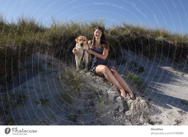 Blonder Labrador und junge Frau am Strand Lifestyle Stil Freude schön harmonisch Sommer Sommerurlaub Sonne Sonnenbad Junge Frau Jugendliche 18-30 Jahre