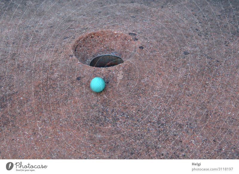 blauer Minigolfball liegt kurz vor dem Ziel am Rand des Lochs Freizeit & Hobby Spielen Ball Bewegung authentisch klein rund braun türkis Freude einzigartig