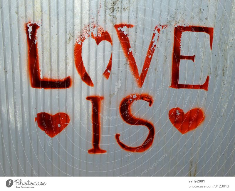 Liebe ist... Zeichen Schriftzeichen Graffiti Herz positiv rot Romantik Endzeitstimmung Hoffnung Liebesbekundung dreckig Kunststoff Farbfoto Außenaufnahme