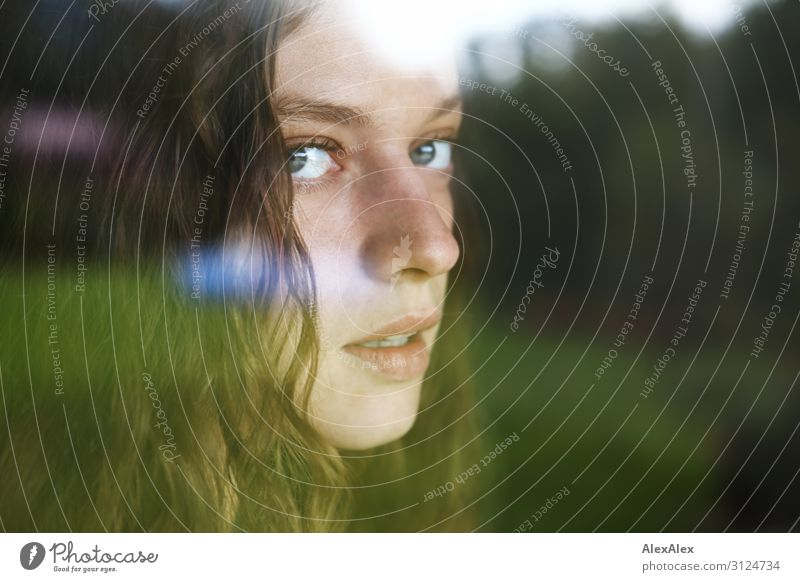 Portrait einer jungen Frau hinter einer Fensterscheibe Lifestyle Stil schön Leben Junge Frau Jugendliche 18-30 Jahre Erwachsene Landschaft Schönes Wetter Garten
