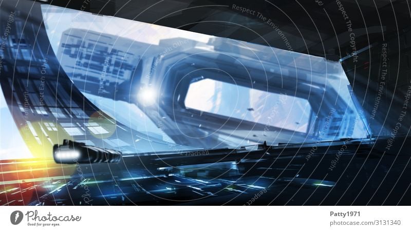 Rotierende Raumstation. Abstrakte Science Fiction Illustration. Weltraumstation Raumfahrt Zukunft Weltall Fortschritt High-Tech Luftverkehr UFO drehen fliegen