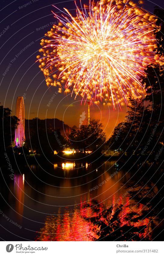 Feuerwerk an der Donau Nachtleben Feste & Feiern Silvester u. Neujahr Jahrmarkt Natur Landschaft Nachthimmel Sommer Fluss glänzend leuchten mehrfarbig rot