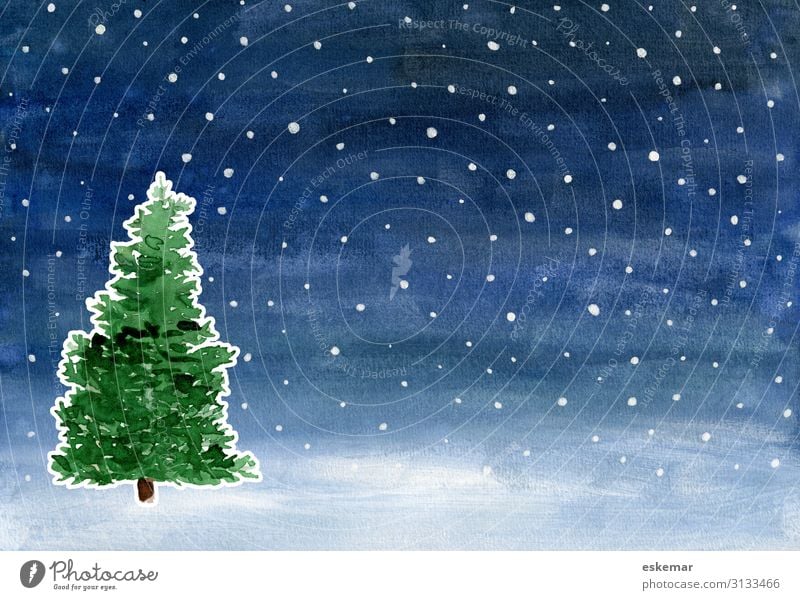 Aquarell Weihnachten Winter Feste & Feiern Weihnachten & Advent Weihnachtsbaum Kunst Gemälde Landschaft Nachthimmel Stern Wetter Schnee Schneefall Pflanze Baum