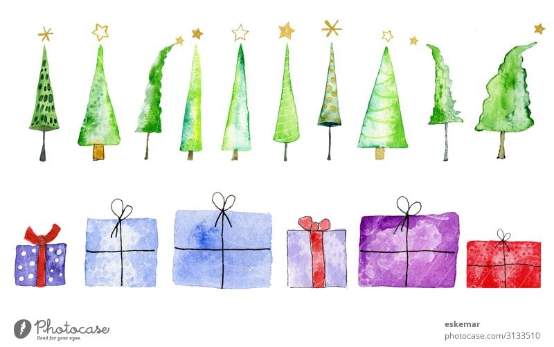 Weihnachtsbäume und Geschenke, Aquarell auf Papier Feste & Feiern Weihnachten & Advent Kunst Kunstwerk Gemälde Baum Weihnachtsbaum Weihnachtsgeschenk