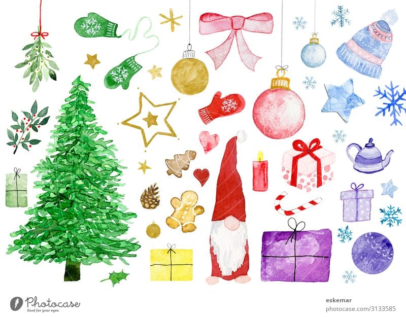 Weihnachtsmotive in Aquarell Feste & Feiern Weihnachten & Advent Kunst Kunstwerk Gemälde Pflanze Baum Weihnachtsbaum Mistel Ilexblatt Handschuhe Mütze Papier