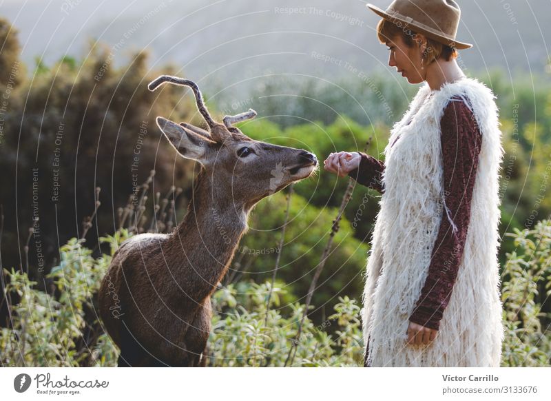 Eine junge blonde Boho-Frau mit einem Hirsch. Lifestyle elegant Stil Design exotisch Freude Mensch feminin Junge Frau Jugendliche Erwachsene 1 18-30 Jahre