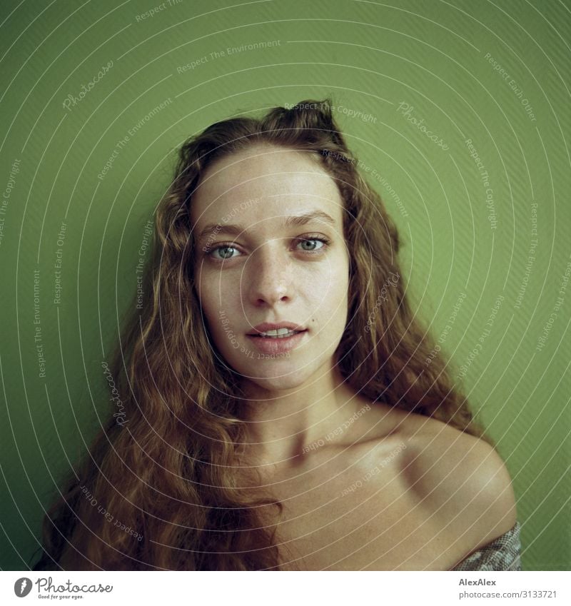 Rechteckiges Portrait einer jungen Frau vor grüner Wand Stil schön Leben Junge Frau Jugendliche Gesicht Model 18-30 Jahre Erwachsene brünett langhaarig Locken