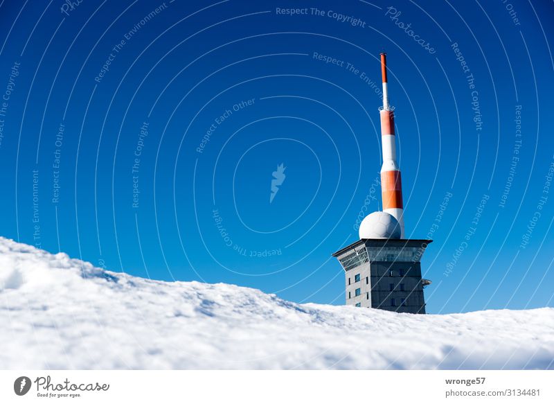 Brockengipfel im Winter Landschaft Himmel Wolkenloser Himmel Schönes Wetter Eis Frost Schnee Berge u. Gebirge Gipfel Schneebedeckte Gipfel kalt blau rot weiß