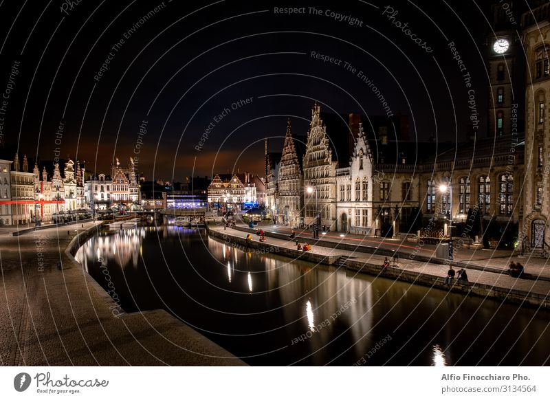 historisches Stadtzentrum von Gent bei Nacht beleuchtet Ferien & Urlaub & Reisen Tourismus Haus Kultur Landschaft Fluss Brücke Gebäude Architektur Straße antik