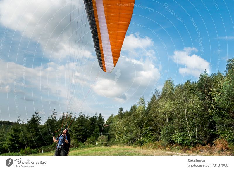 Sprung ins Wochenende, ein Paraglider startet und blickt nach oben um die Leinen zu checken Sport Gleitschirmfliegen Startplatz maskulin 1 Mensch Natur