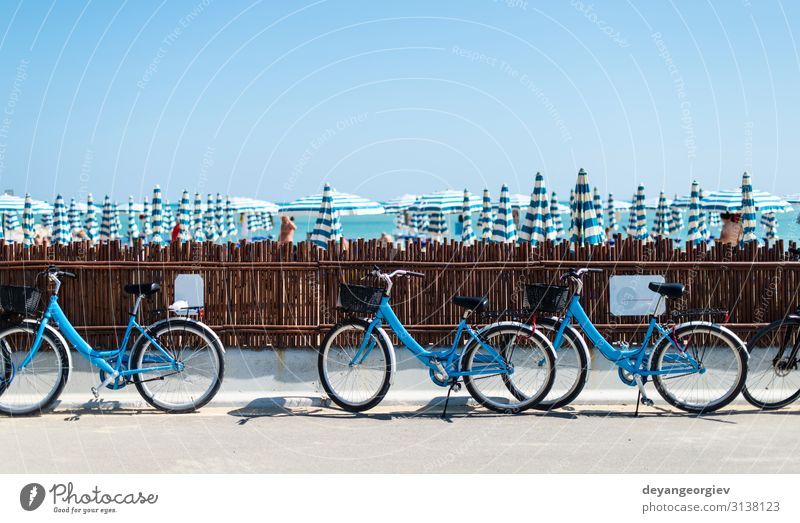 Fahrradverleih am Strand. Blaue Fahrräder auf der Straße. Lifestyle Erholung Freizeit & Hobby Ferien & Urlaub & Reisen Tourismus Sport Verkehr Fahrzeug blau