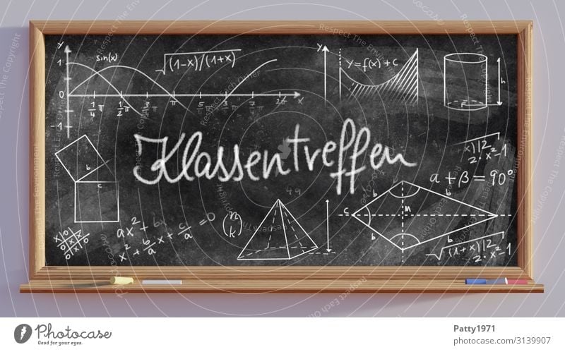 Klassentreffen - Schultafel - 3D Render Bildung Schule Tafel Mathematik Physik Zeichen Schriftzeichen Ziffern & Zahlen Gefühle Vorfreude Freundschaft lernen
