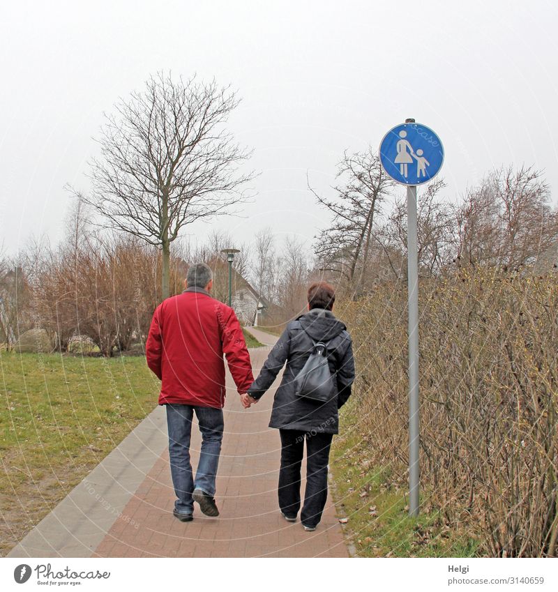 Rückansicht eines Seniorenpaares, das sich an den Händen hält und einen Fußweg entlang geht Mensch maskulin feminin Frau Erwachsene Mann 2 45-60 Jahre Umwelt