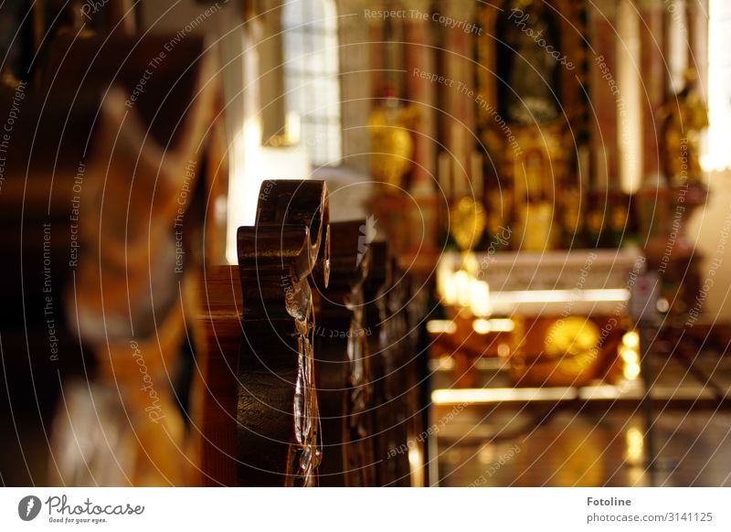 Kirche Dorf Menschenleer Haus Bauwerk Gebäude Architektur Sehenswürdigkeit alt ästhetisch glänzend braun gelb weiß Kirchenbank Schnitzereien Handwerk Altar