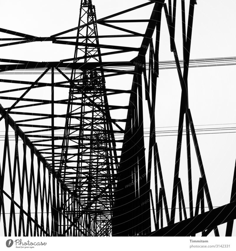 Metall himmelwärts Energiewirtschaft Technik & Technologie Linie ästhetisch kalt schwarz weiß Strommast Hochspannungsleitung Konstruktion Stromtransport