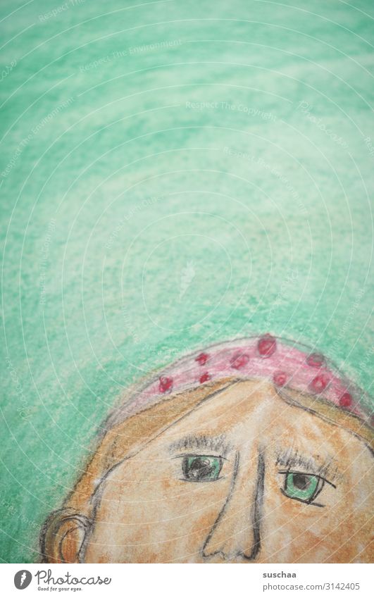 kunstwerk zeichnen malen gemalt Zeichnung kindlich Naivität Kopf Kinderzeichnung Gesicht Auge Nase Hintergrundbild Untergrund grün Textfreiraum