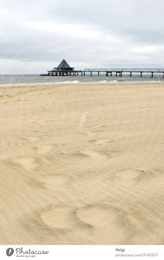 verwehte Spuren im Sand am Strand von Heringsdorf mit Seebrücke im Hintergrund Ferien & Urlaub & Reisen Tourismus Umwelt Natur Landschaft Wasser Himmel Wolken