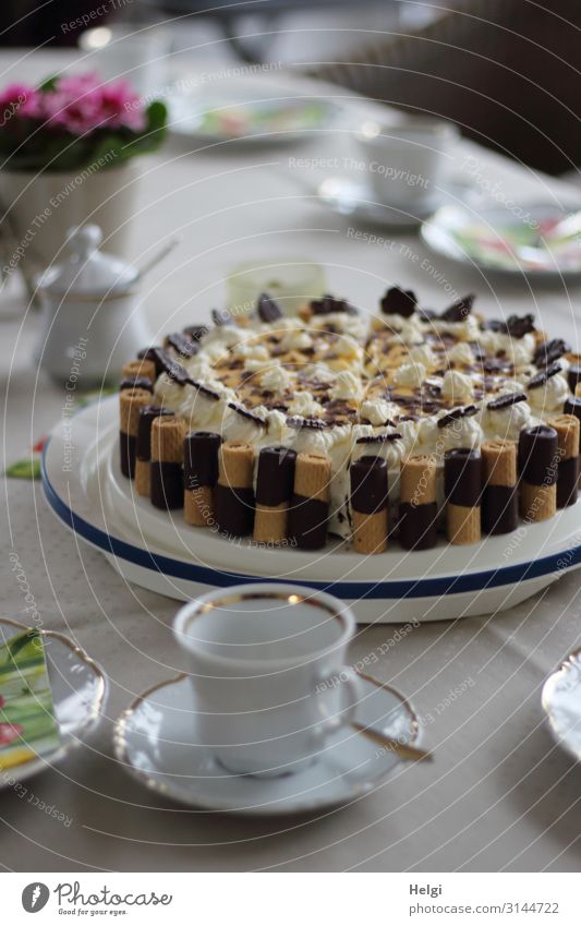 dekorativ verzierte Torte auf einem gedeckten Kaffeetisch mit Geschirr und Blumen Lebensmittel Kuchen Ernährung Kaffeetrinken Teller Tasse Löffel Feste & Feiern