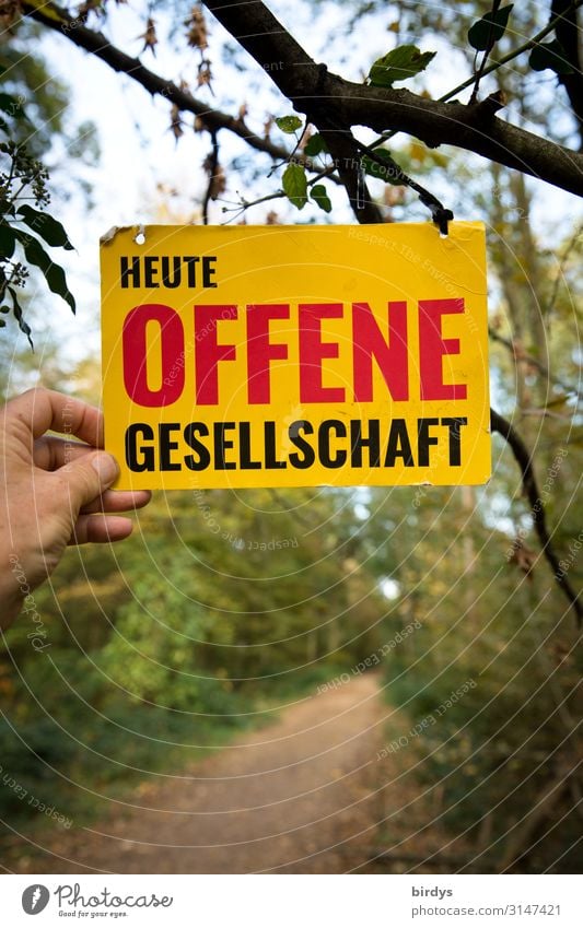 Offene Gesellschaft Hand Wald Wege & Pfade Schriftzeichen Schilder & Markierungen Hinweisschild Warnschild festhalten außergewöhnlich positiv gelb grün rot