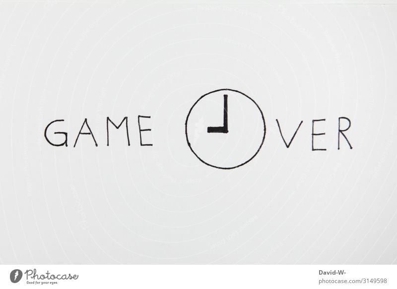 Game Over Game over game Wortspiel Wörter zu ende gehen Schluss vorbei geschrieben" Zeichnung Kreativität kreativ Uhr Uhrzeit abgelaufen Blatt Textfreiraum oben