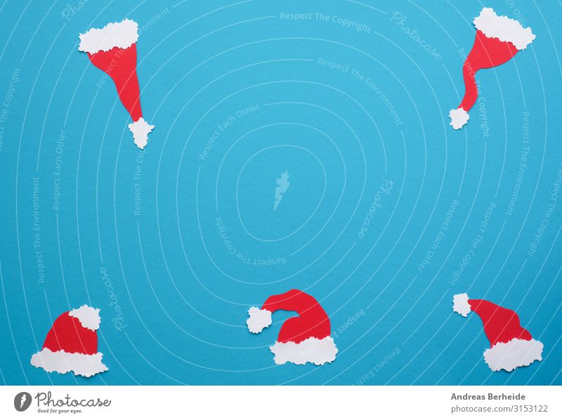 Five handmade hats of Santa on a blue background Design Freude Winter Veranstaltung Weihnachten & Advent Hut Mütze Papier Dekoration & Verzierung Fahne einfach