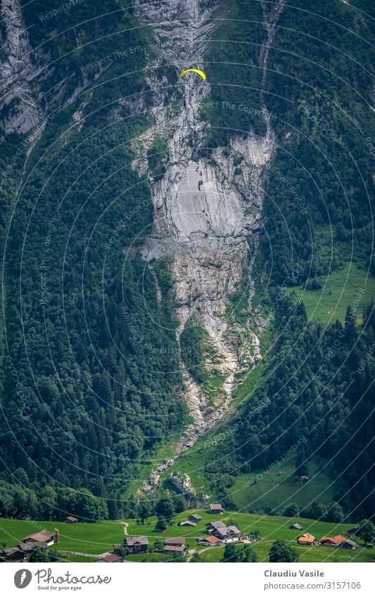 Gleitschirmfliegen in einem Schweizer Bergtal Ferien & Urlaub & Reisen Tourismus Abenteuer Fallschirm Extremsport Adrenalin gehen Landschaft Wald Alpen