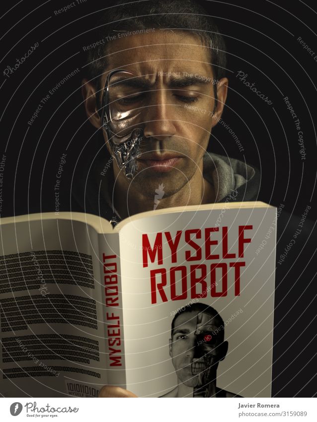Roboter-Mensch lesen. Science Fiction Mann Sci-Fi Künstliche Intelligenz Beschädigte ia Literatur Buch Wissen Leser konzentriert Technik & Technologie Kultur