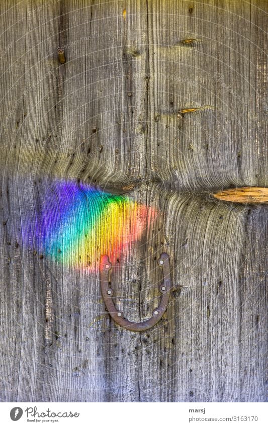 Am Ende des Regenbogens ist doch kein Hufeisen harmonisch Erholung regenbogenfarben genagelt Patina Maserung Holz Stahl außergewöhnlich mehrfarbig seltsam