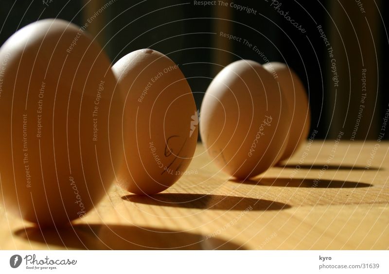 EI!?. Tisch Licht Zufriedenheit Wunder Erscheinung 4 Haushuhn Holz obskur Ei Schatten Perspektive Reihe Kette Strukturen & Formen Natur