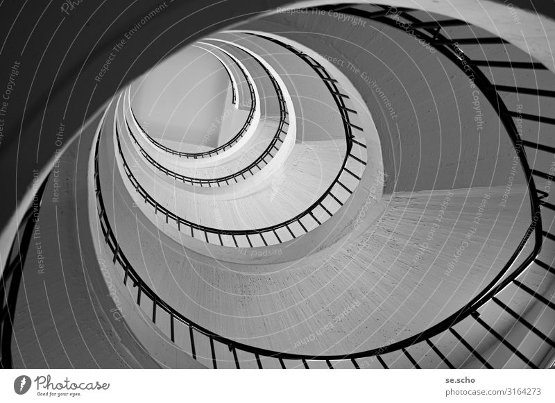 Aufstieg Treppe elegant grau schön Treppenhaus Treppengeländer Bauhaus Beton Spirale Quadrat Kreis Schatten Schwarzweißfoto Innenaufnahme Muster