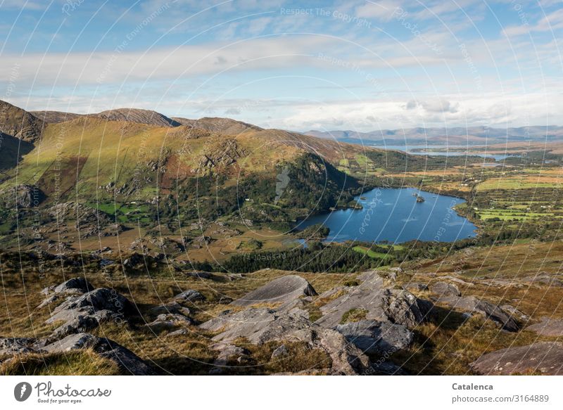 Ein schöner See in Irland, weitläufige Landschaft Wellen Berge u. Gebirge wandern Umwelt Natur Urelemente Himmel Wolken Horizont Herbst Schönes Wetter Baum Gras