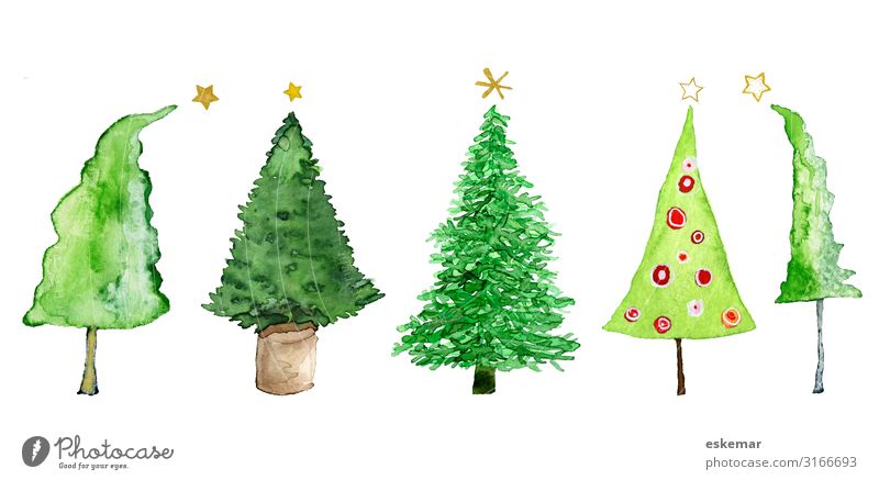 Weihnachtsbäume, Aquarell auf Papier Feste & Feiern Weihnachten & Advent Silvester u. Neujahr Kunst Kunstwerk Gemälde gemalt Natur Pflanze Baum Topfpflanze