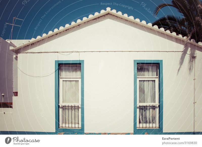 /Sommer\ Ferien & Urlaub & Reisen Tourismus Wohnung Haus Bauwerk Gebäude Architektur Mauer Wand Fassade Fenster Dach Linie hell blau weiß Portugal Palme Antenne